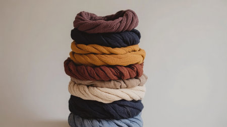 A stunning display of stacked twisted fabric ropes in various colors, ideal for crafts and home decor. This image highlights texture and aesthetic appeal for creative projects.の素材