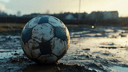 A muddy soccer ball sits on a wet field during sunset, showcasing the raw beauty of outdoor sports and the elements that athletes face in their passion.の素材