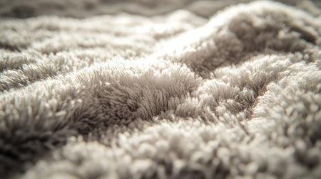 Close-up view of a light gray plush fabric blanket, showcasing its soft and cozy texture. Ideal for adding warmth and comfort to living spaces, especially during winter.の素材