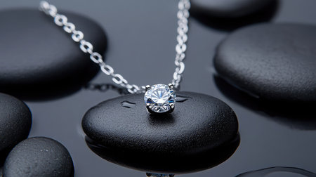 Stunning silver necklace featuring a brilliant round diamond pendant set on smooth black stones, creating a luxurious and elegant visual ideal for jewelry showcases.の素材