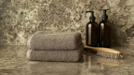 This serene image features stacked gray towels on a polished marble counter, accompanied by brown glass bottles and a wooden hairbrush, creating a calming bathroom atmosphere.の素材