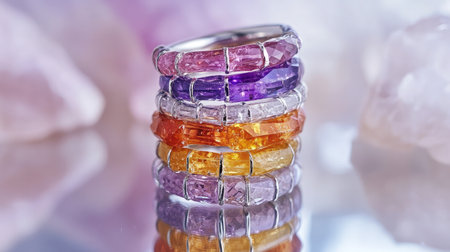 A dazzling stack of colorful gemstone rings captures attention with its vibrant hues and reflective shine, ideal for showcasing elegance and style in jewelry photography.の素材