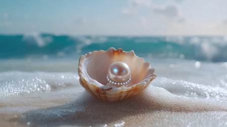 A captivating close-up of a lustrous pearl nestled inside a seashell on a beach, enhanced by gentle ocean waves in the background, creating a serene coastal ambiance.の素材