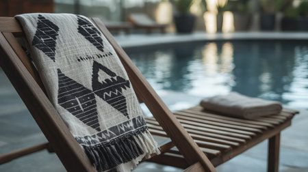 A beautiful poolside scene featuring a stylish woven blanket draped over a wooden sun lounger, ideal for relaxation in a serene outdoor space.の素材