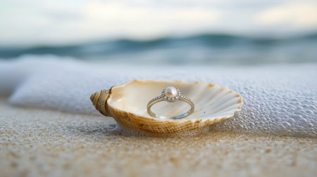 A beautiful pearl ring rests inside a seashell on the sandy beach, surrounded by gentle ocean waves, creating an enchanting scene of elegance and romance.の素材