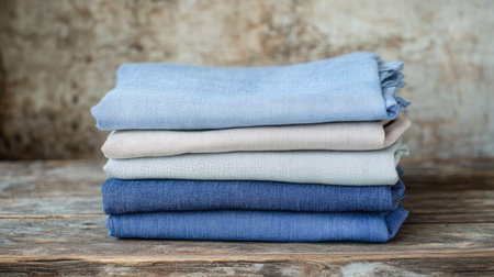 A visually appealing arrangement of soft textured fabrics stacked on a rustic wooden surface, showcasing shades of blue and neutral tones perfect for stylish home decor or fashion backgrounds.の素材