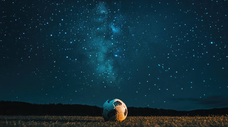 A vibrant night soccer scene features a lone football resting on grass beneath a dazzling starry sky, highlighting the beauty of night and the spirit of the sport in nature.の素材