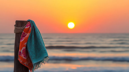 A colorful towel hangs on a wooden post beside the ocean, capturing a beautiful sunset moment that radiates warmth and tranquility over gentle waves.の素材