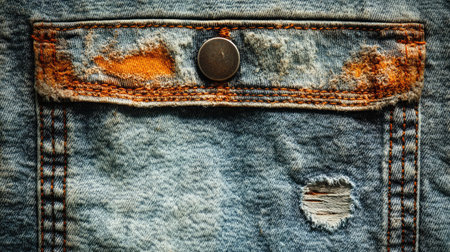 This close-up features distressed blue denim showcasing unique wear patterns, a circular metal button, and rustic stitching, perfect for vintage style themes in fashion design.の素材
