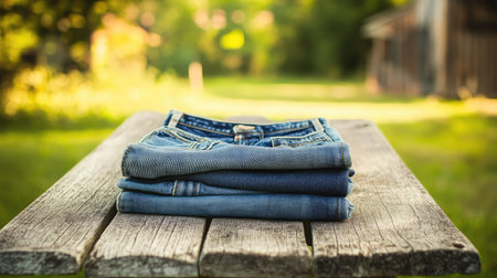 A visually appealing arrangement of folded blue denim jeans on a rustic wooden table, set against a soft-focused natural background, ideal for lifestyle and fashion applications.の素材