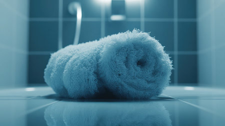 This image showcases a soft, blue towel elegantly rolled on a glossy bathroom floor, creating a serene atmosphere for relaxation and comfort in a modern setting.の素材