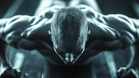 A dedicated male fitness enthusiast showcases strength and determination while performing a push-up, captured in a dramatic monochrome tone that emphasizes muscular effort and focus.の素材