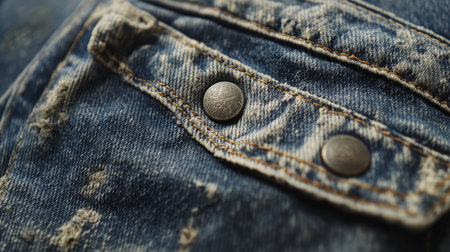 Explore the intricate details of a worn denim fabric adorned with metallic buttons, showcasing its unique texture and character, ideal for fashion and textile inspirations.の素材