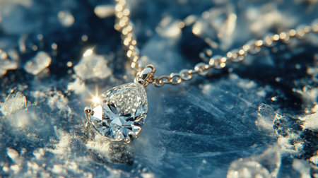 A stunning close-up image features a teardrop diamond necklace resting on a crystalline surface, capturing the essence of luxury and elegance in jewelry design.の素材