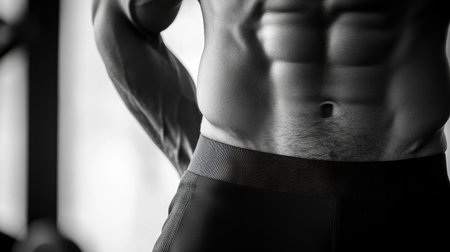 A striking close-up image highlighting a fit male abdomen, showcasing impressive muscle definition. This black and white photo captures the essence of fitness and dedication.の素材