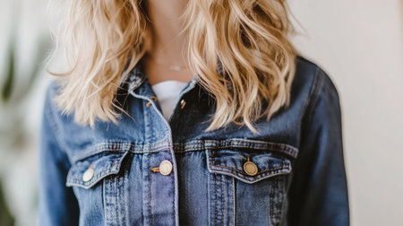A stylish woman showcases her wavy hair and denim jacket in a serene indoor setting, embodying casual elegance and modern fashion sensibilities. Perfect for lifestyle imagery.の素材
