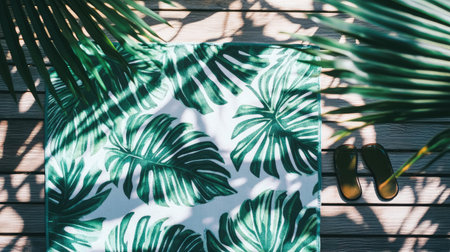 A serene tropical scene featuring green palm leaves on a mat, wooden planks beneath, and flip flops, offering a perfect backdrop for summer relaxation and vacation vibes.の素材