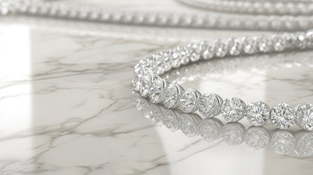 A stunning diamond necklace elegantly laid on a luxurious marble surface, showcasing its sparkling brilliance and refined craftsmanship in a sophisticated setting.の素材