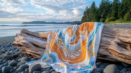 A vibrant silk scarf rests on driftwood at a tranquil beach, surrounded by serene waters and lush trees, embodying a perfect blend of nature and artistic expression.の素材