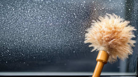 A close-up of a feather duster cleaning a window, highlighting a sparkling surface and the importance of maintaining clean indoor environments for healthier living.の素材