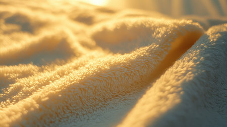 This close-up image features a soft, plush fabric illuminated by warm sunlight, creating a serene and inviting atmosphere ideal for showcasing comfort in home decor.の素材