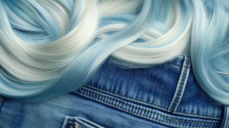 Stunning closeup of soft blue and white hair textures layered over a denim background, ideal for fashion-related projects, inner beauty themes, and artistic explorations.の素材
