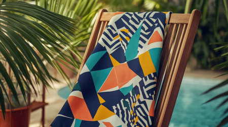 A vibrant towel featuring a colorful geometric pattern rests on a wooden chair, surrounded by lush tropical plants by a serene swimming pool, embodying summer relaxation.の素材