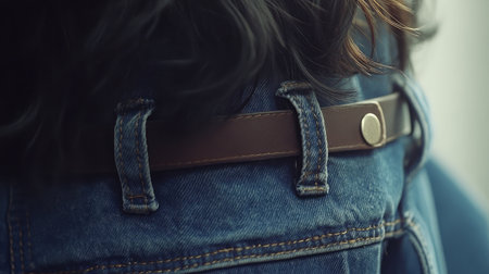 An artistic close-up of denim jeans featuring a brown leather belt, showcasing unique textures and accessories against a softly lit background for a fashionable look.の素材