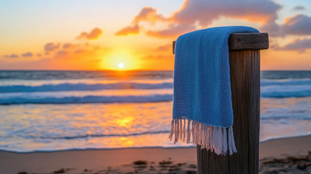 A peaceful beach scene featuring a soft towel on a wooden post during sunset, capturing the warm colors of the sky and the gentle waves of the ocean.の素材