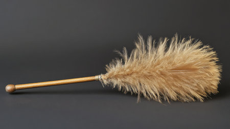 Natural feather duster on a dark background, showcasing its soft texture and elegant design, ideal for cleaning, decoration, and enhancing home aesthetics.の素材