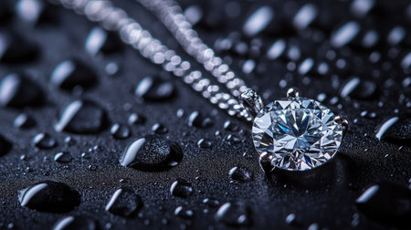 A stunning close-up of a diamond pendant necklace displayed on a dark surface, adorned with water drops that enhance its brilliance and evoke luxury.の素材
