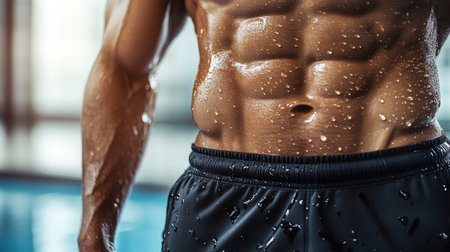 Muscular male torso showcasing well-defined abs glistening with sweat, reflecting hard work and dedication, captured in an inspiring gym environment filled with natural light.の素材