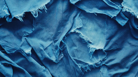 A stunning close-up of crumpled blue fabric with frayed edges, perfect for textile backgrounds or artistic designs, showcasing rich textures and tones ideal for creative projects.の素材
