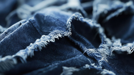Explore the intricate texture of distressed denim fabric with frayed edges, perfect for fashion design and textile crafts, showcasing a blend of artistry and modern style.の素材