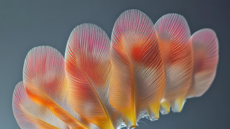 This stunning close-up image features vibrant feathers with intricate patterns, showcasing their delicate texture and beautiful colors against a soft gray background.の素材