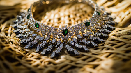 A breathtaking necklace featuring sparkling diamonds and vibrant green gemstones, showcased on a natural weave background, perfect for luxury jewelry promotions.の素材