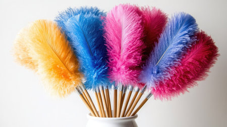 A charming arrangement of feather dusters in vibrant colors including pink, blue, yellow, and orange, ideal for both effective cleaning and stylish home dの素材