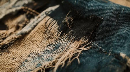 This image captures the intricate details of worn denim fabric, highlighting frayed edges and textured areas. Ideal for fashion and textile design inspirations.の素材