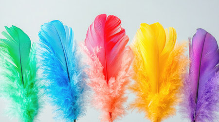 A beautiful arrangement of vibrant, colorful feathers in various pastel shades. Ideal for creative projects, design inspiration, and artistic expressions. Perfect for decoration and themes.の素材