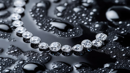 A stunning diamond necklace gracefully displayed on a dark surface, accentuated by glistening water droplets, creating an elegant and luxurious visual effect ideal for jewelry showcases.の素材