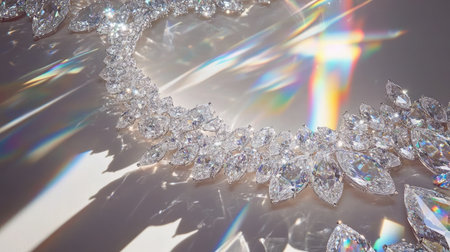 Stunning closeup of an elegant crystal necklace that exhibits intricate design and brilliant reflections, perfect for showcasing luxury jewelry in photography.の素材