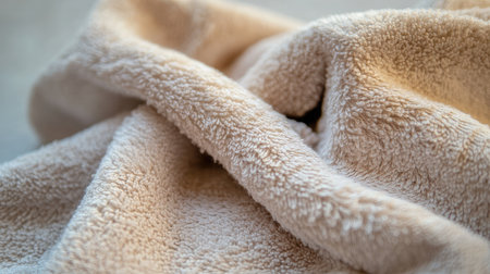 A close-up view of soft beige fabric showcasing its plush texture and inviting appearance, perfect for various photography projects focusing on comfort and elegance.の素材
