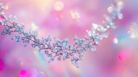 This image showcases a stunning silver hair accessory adorned with sparkling crystals, set against a soft and colorful bokeh background, perfect for bridal or special occasions.の素材