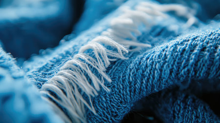 This image showcases a close-up of soft blue fabric with fringed edges, revealing intricate textures and details, perfect for textile enthusiasts and cozy design inspiration.の素材