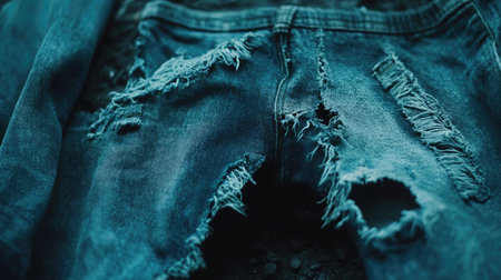 A close-up view of distressed blue denim jeans featuring frayed edges and torn pockets, perfect for showcasing unique fashion trends and creative clothing design ideas.の素材