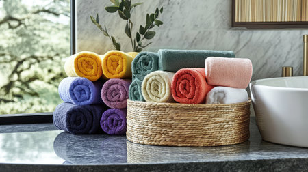 Vibrant rolled towels neatly arranged in a woven basket on a bathroom countertop, showcasing a blend of colors and textures in a serene, stylish environment.の素材
