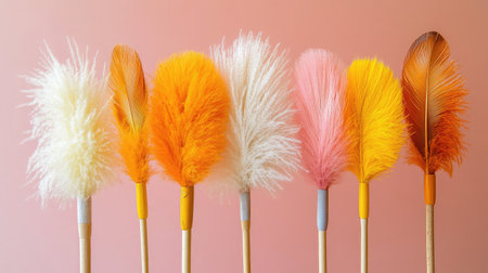 A stunning display of colorful feather dusters arranged against a soft pink background, perfect for adding a playful touch to home decor or showcasing unique cleaning tools.の素材