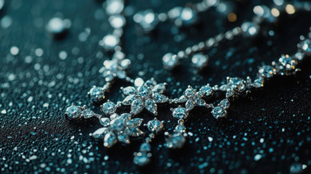 A stunning close-up of an elegant necklace adorned with sparkling crystals, set against a dark background, showcasing luxury, style, and beauty in jewelry design.の素材