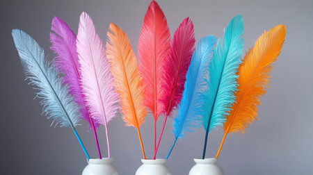 A vibrant arrangement of colorful feathers in decorative vases, showcasing a playful mix of hues and textures, perfect for adding elegance and creativity to various projects.の素材