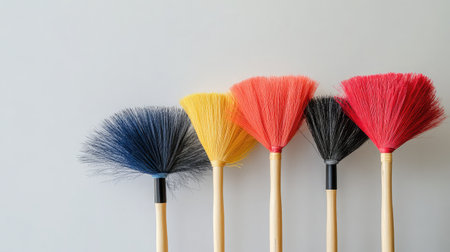 A vibrant collection of colorful cleaning brushes aligned neatly, showcasing their unique colors and soft bristles against a plain background, ideal for home and cleaning themes.の素材